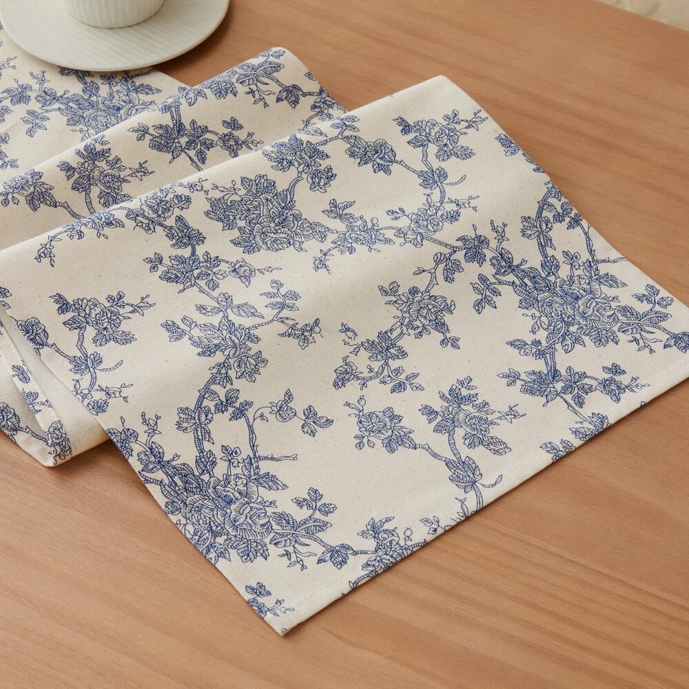 Blue Cream Floral Toile Table Runner Home Decor Dining Kitchen 13x36 Inch